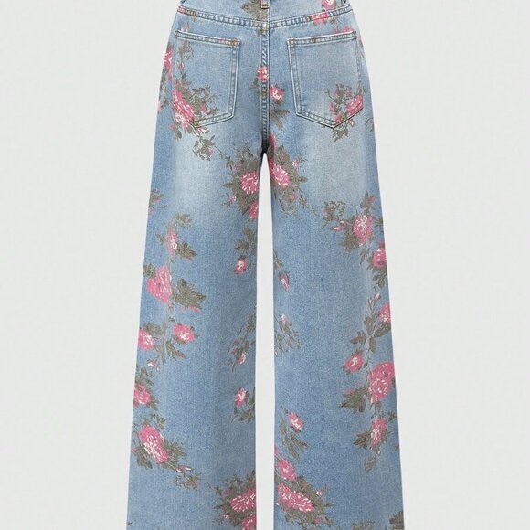 Pink Casual Women's Floral Print Washed Loose Wide-Leg Denim Jeans - Picture 2 of 4